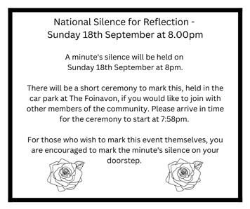  - National Silence for Reflection - Sunday 18th September at 8.00pm